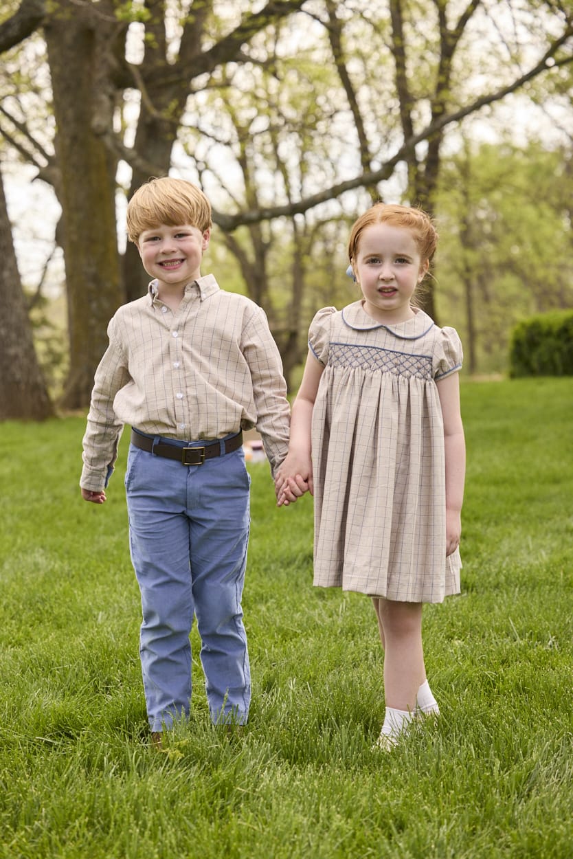 Little English traditional children's clothing.  Tan and blue Durham Windowpane button down shirt for boys