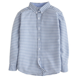 little english classic children's clothing, boys gray blue gingham button down shirt