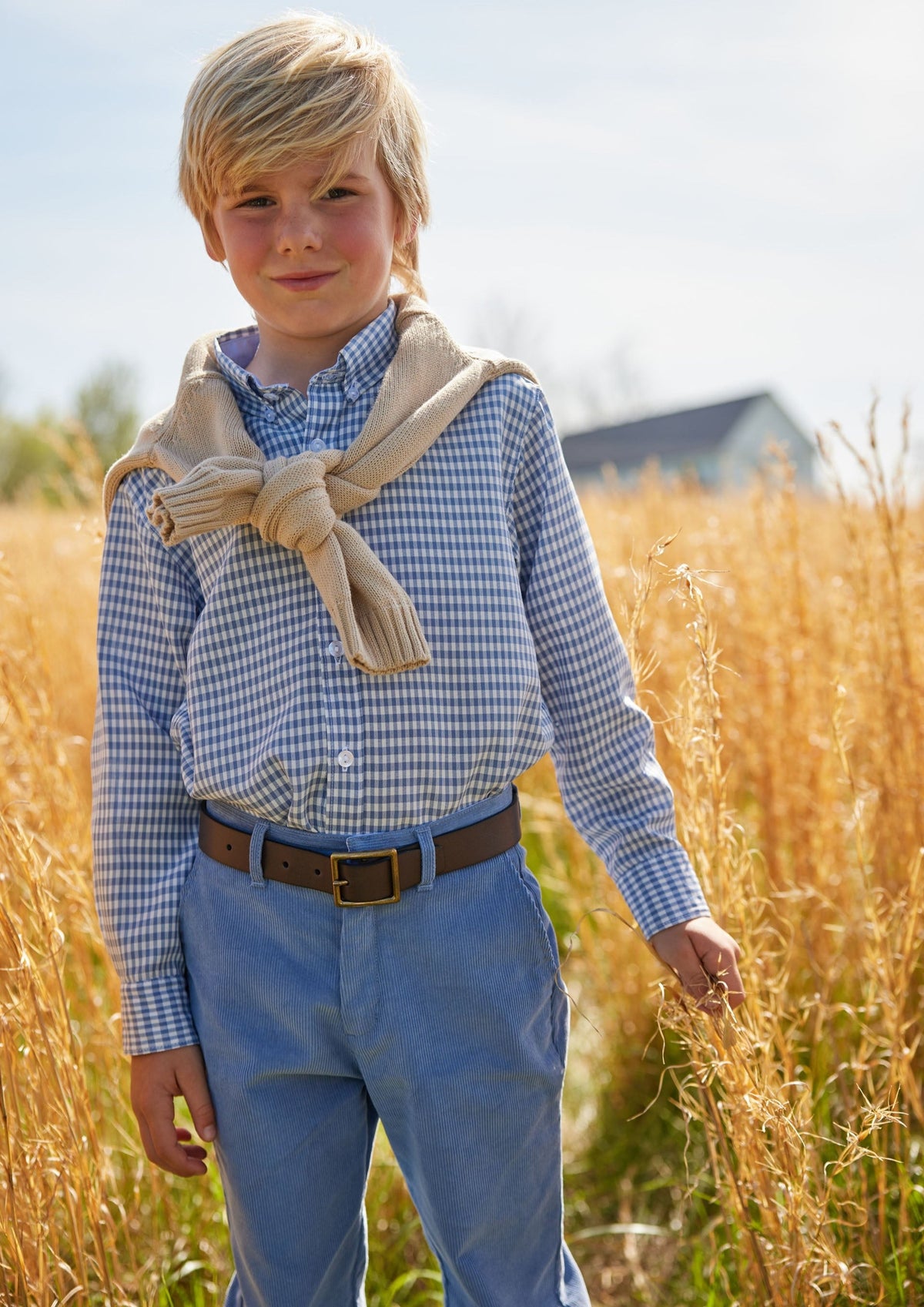 Little English classic tween boys button down shirt in gray blue gingham pattern