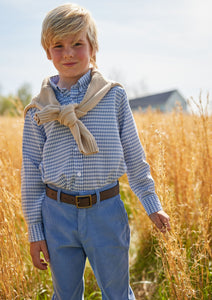 Little English classic tween boys button down shirt in gray blue gingham pattern