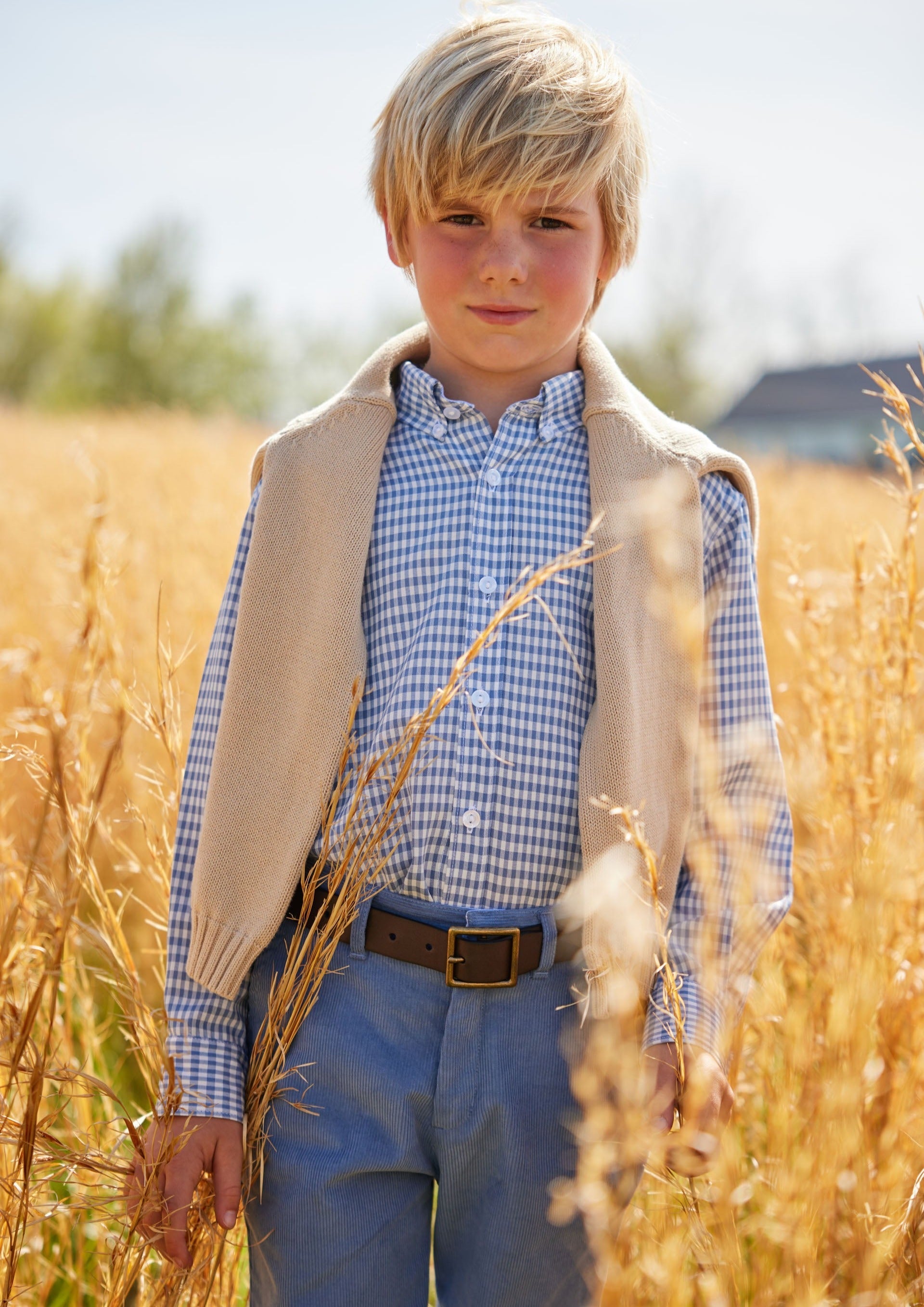 Little English classic tween boys button down shirt in gray blue gingham pattern