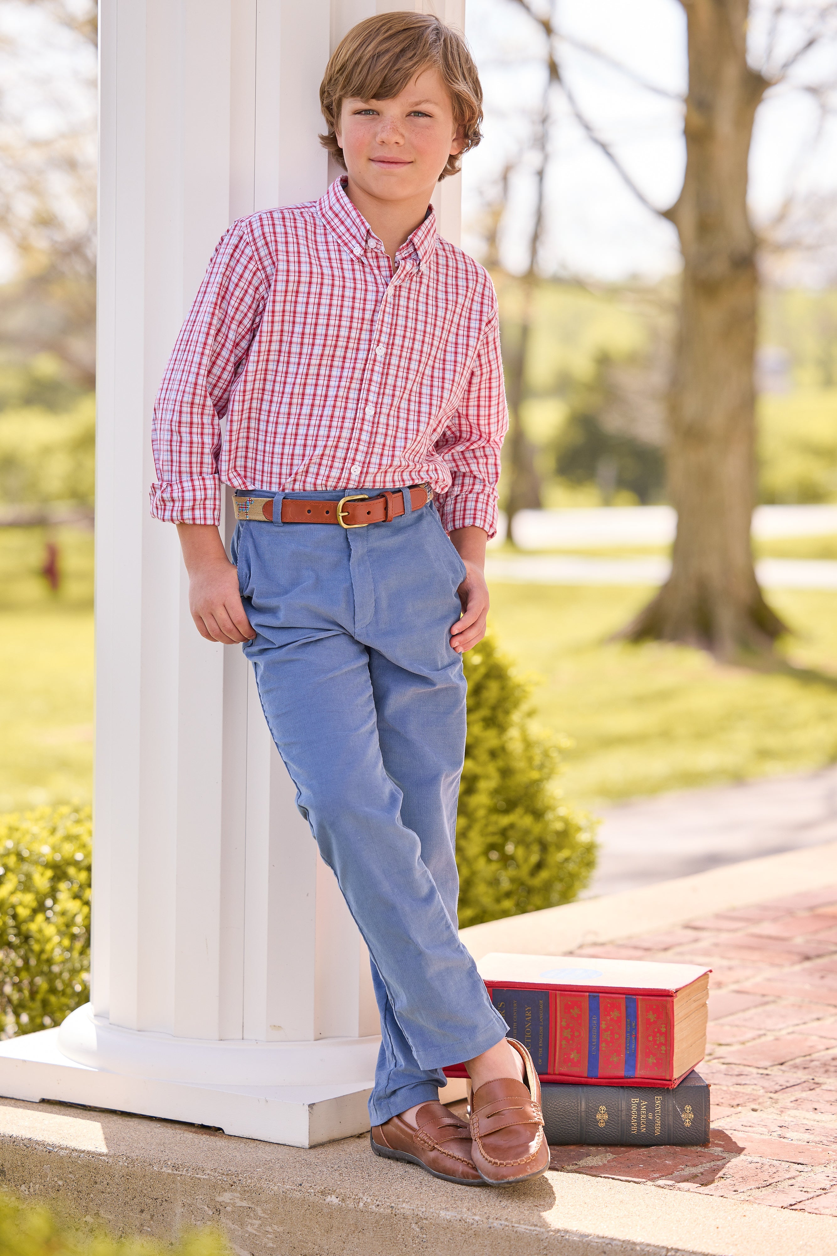 little english classic children's clothing red, white, and light blue hartford plaid for back to school. Classic pant in stormy blue corduroy, plaid lab motif needlepoint belt 