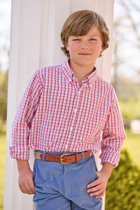 little english classic children's clothing red, white, and light blue hartford plaid for back to school. Classic pant in stormy blue corduroy, plaid lab motif needlepoint belt