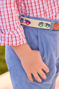 little english classic children's clothing red, white, and light blue hartford plaid for back to school. Classic pant in stormy blue corduroy, vintage race car motif needlepoint belt 