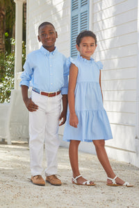 Little English traditional children‚Äôs clothing, girl's light blue tiered dress for Spring with ruffles at the collar and sleeves