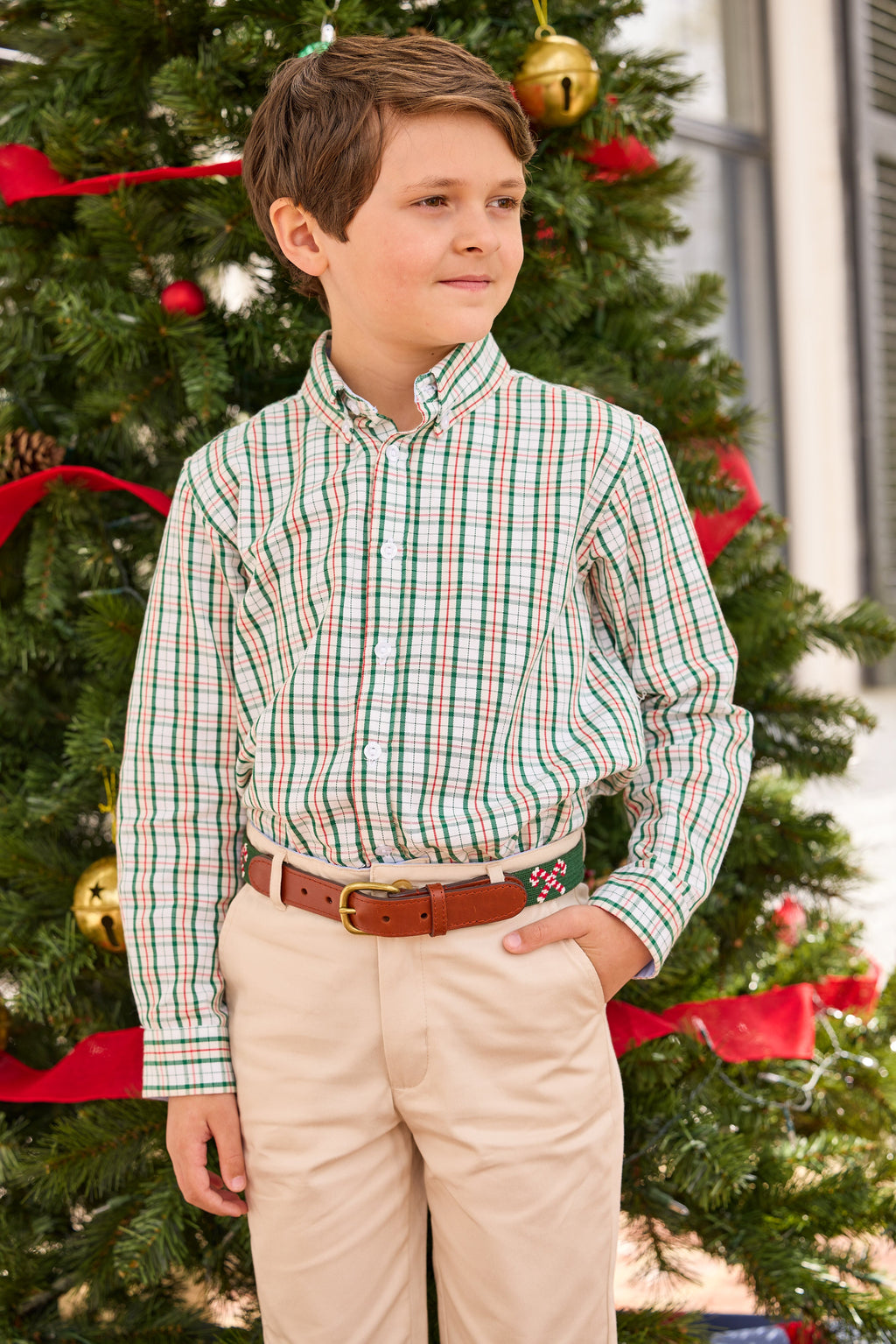 little english classic children's clothing cream, red, and green holiday plaid, classic pant in pebble twill, needlepoint belt with candy cane motif