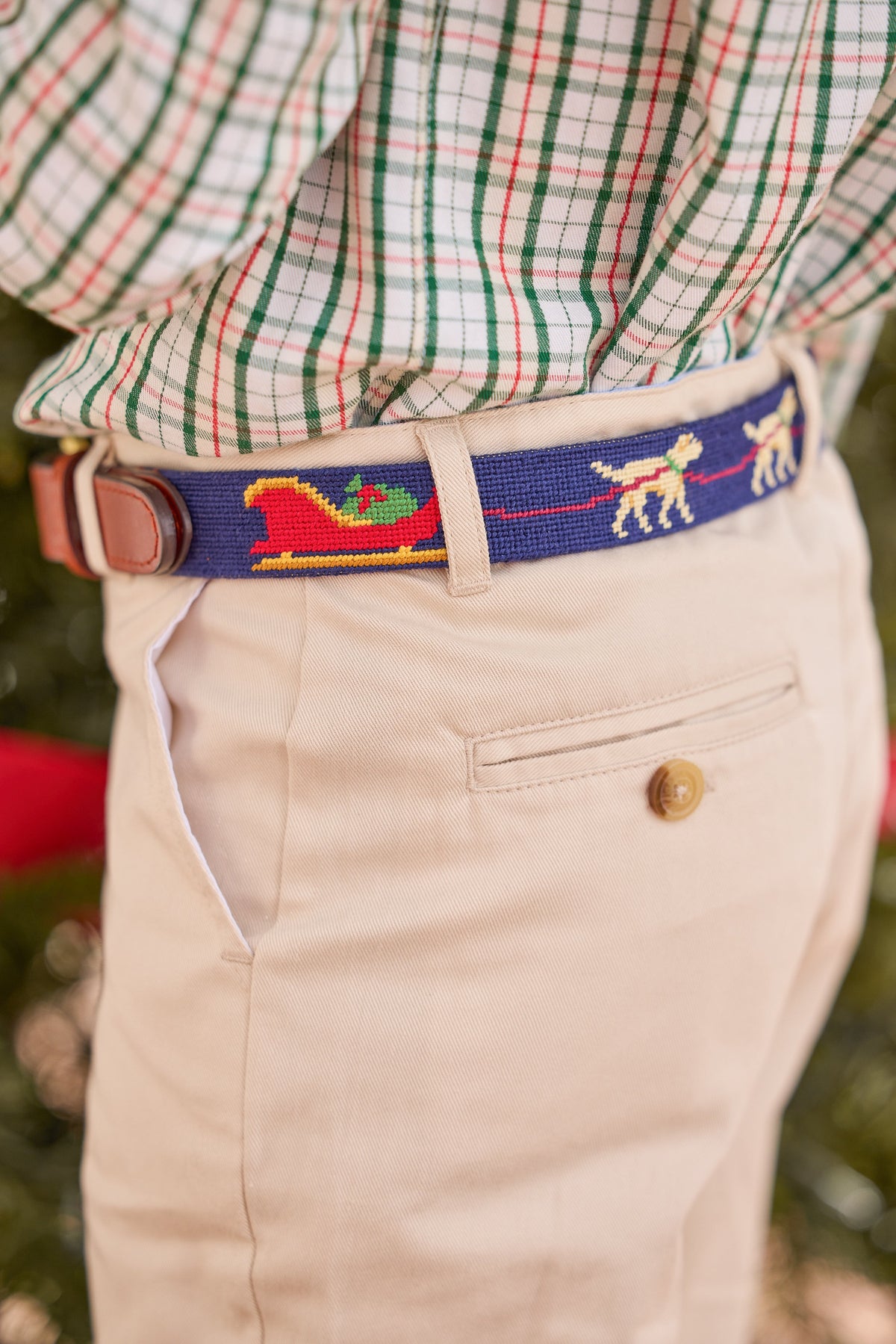 little english classic children's clothing cream, red, and green holiday plaid, classic pant in pebble twill, needlepoint belt with santas helpers lab motif
