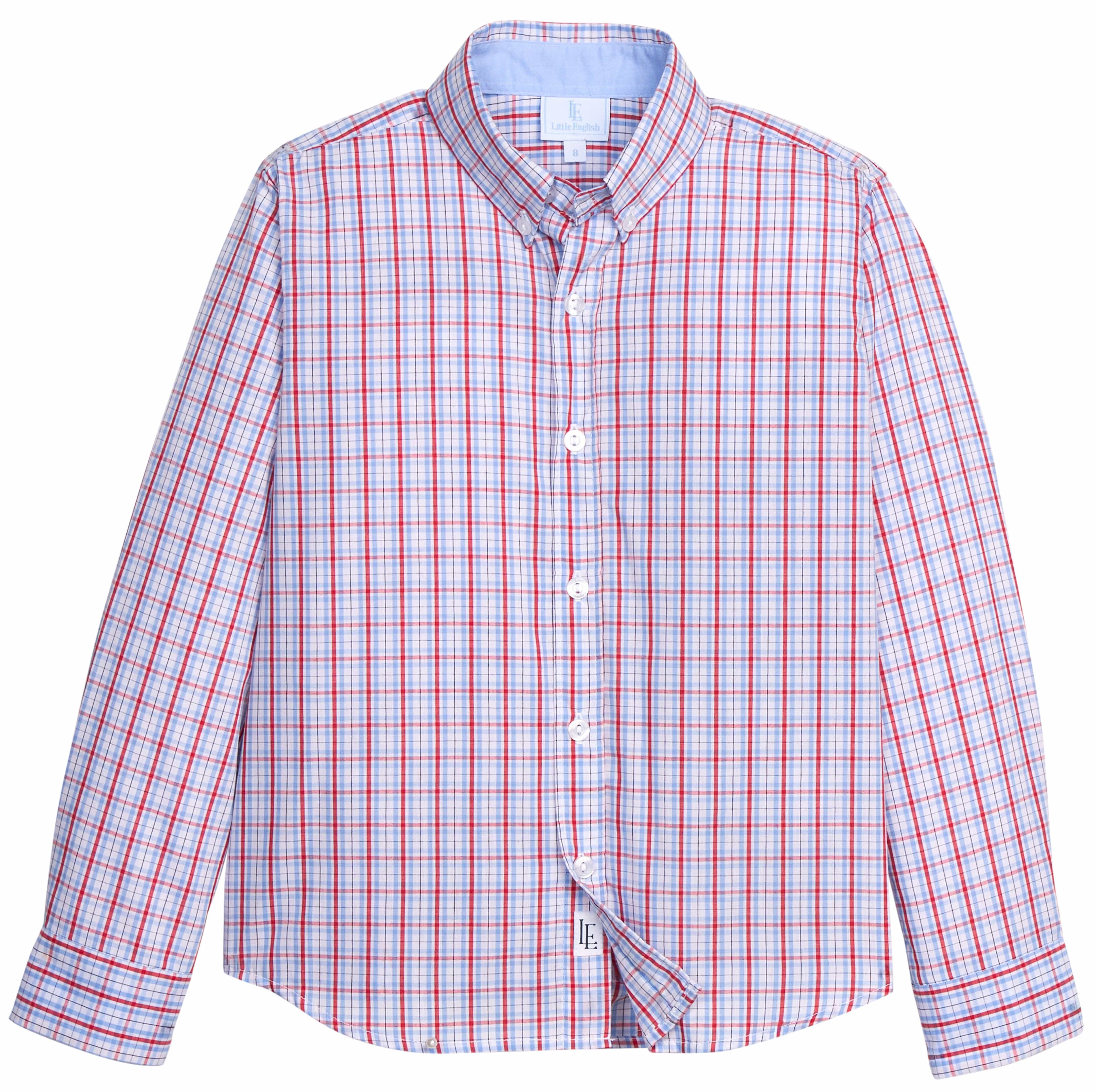 Little English traditional children's clothing.  Blue and red Patriotic Plaid button down shirt for boys.  4th of July shirt for boys