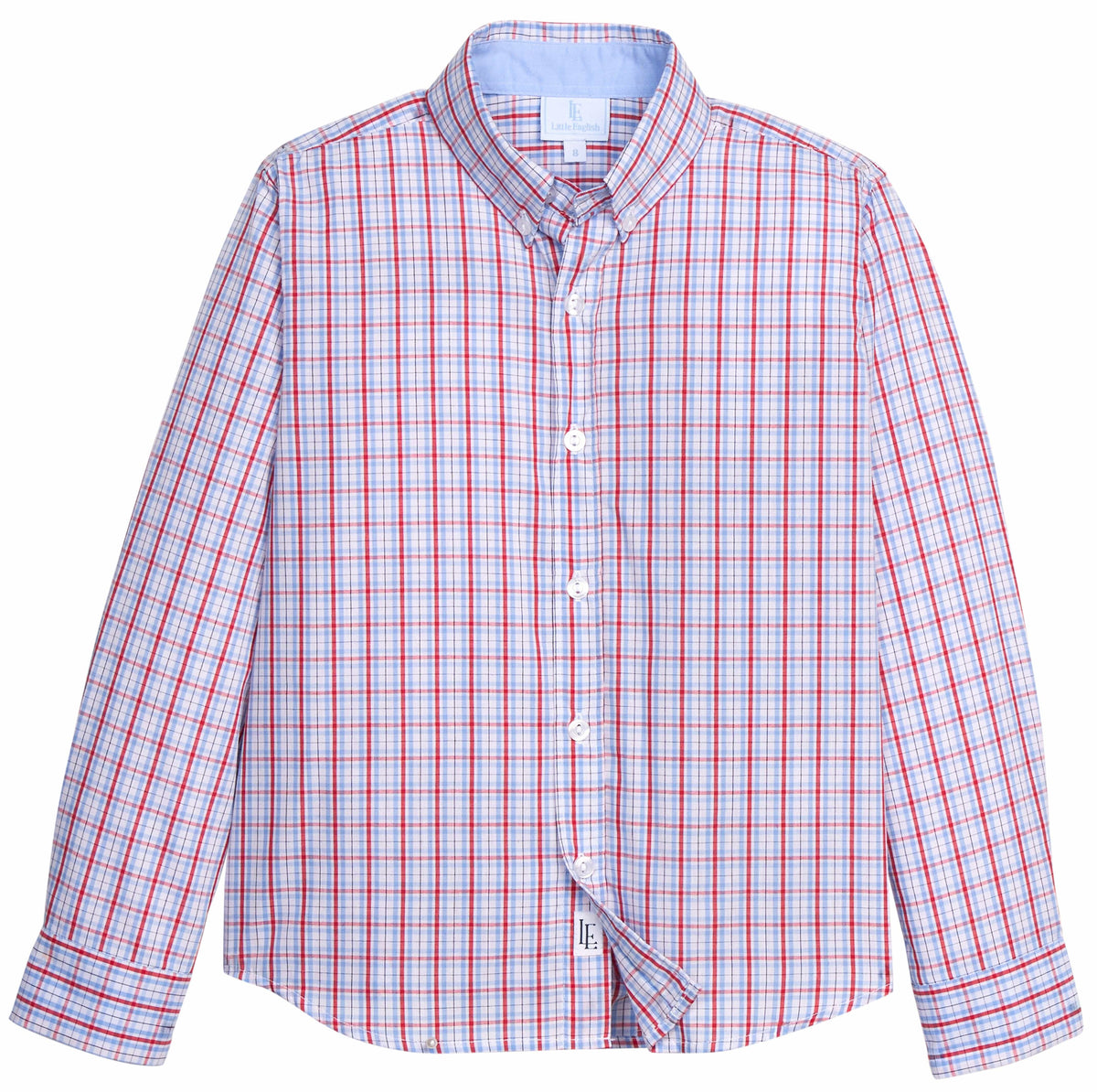 Little English traditional children's clothing.  Blue and red Patriotic Plaid button down shirt for boys.  4th of July shirt for boys
