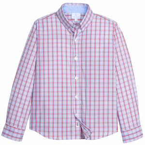 Little English traditional children's clothing.  Blue and red Patriotic Plaid button down shirt for boys.  4th of July shirt for boys