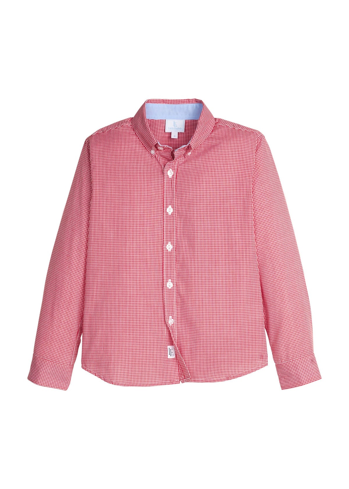 Little English traditional children's clothing. Red and white mini gingham classic button down shirt for boys