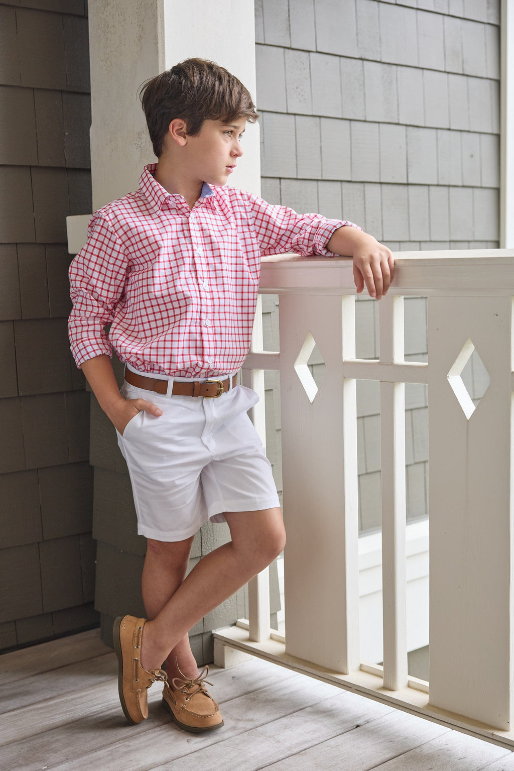 Little English traditional children's clothing.  Red Windowpane button down shirt for boys.
