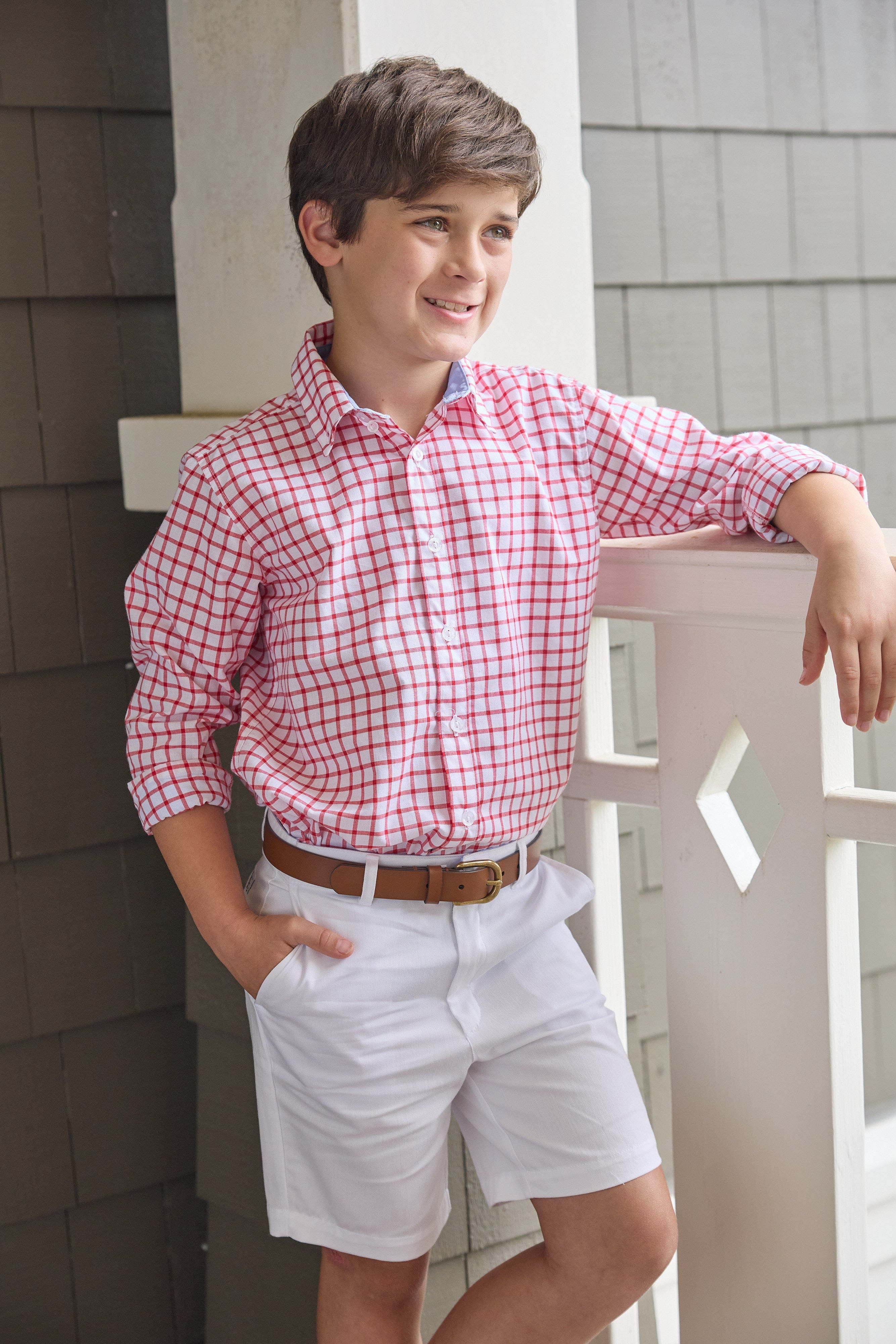 Little English traditional children's clothing.  Red Windowpane button down shirt for boys.