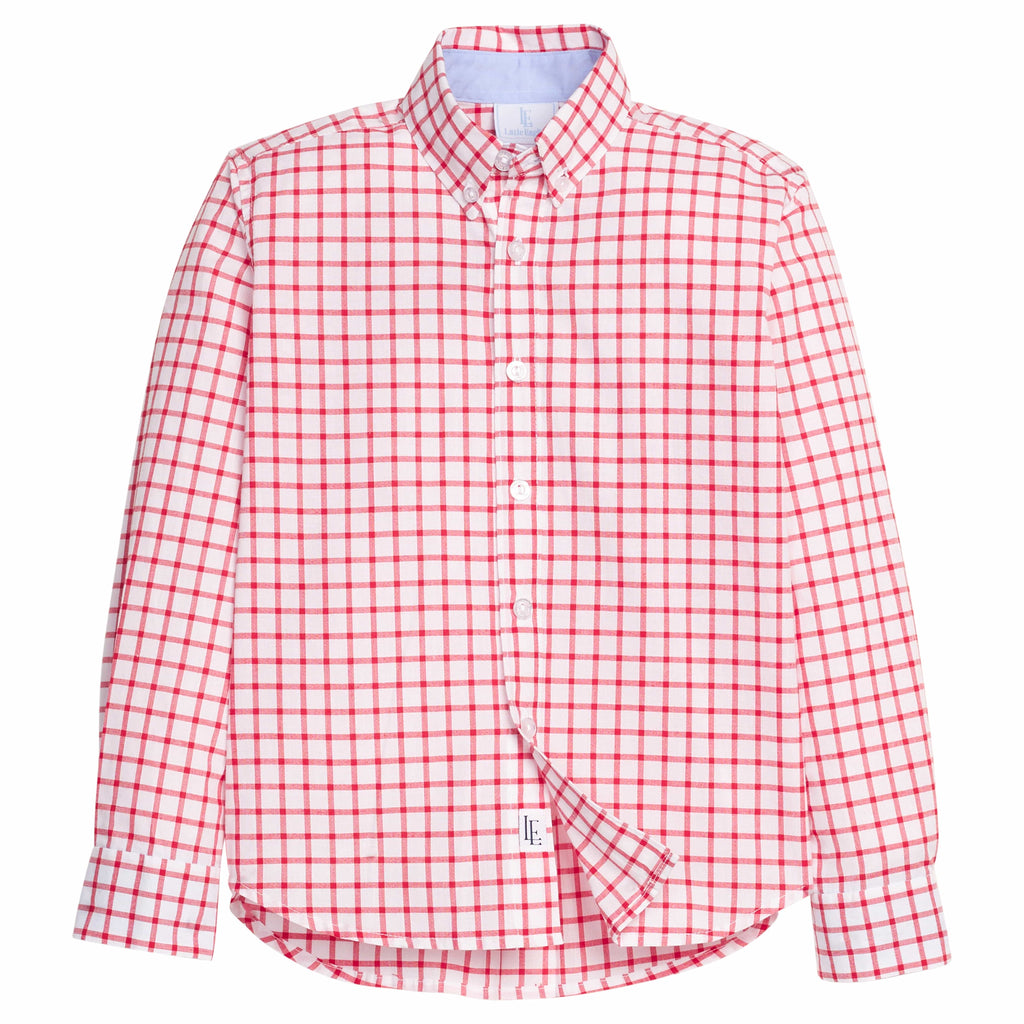 Little English traditional children's clothing.  Red Windowpane button down shirt for boys.