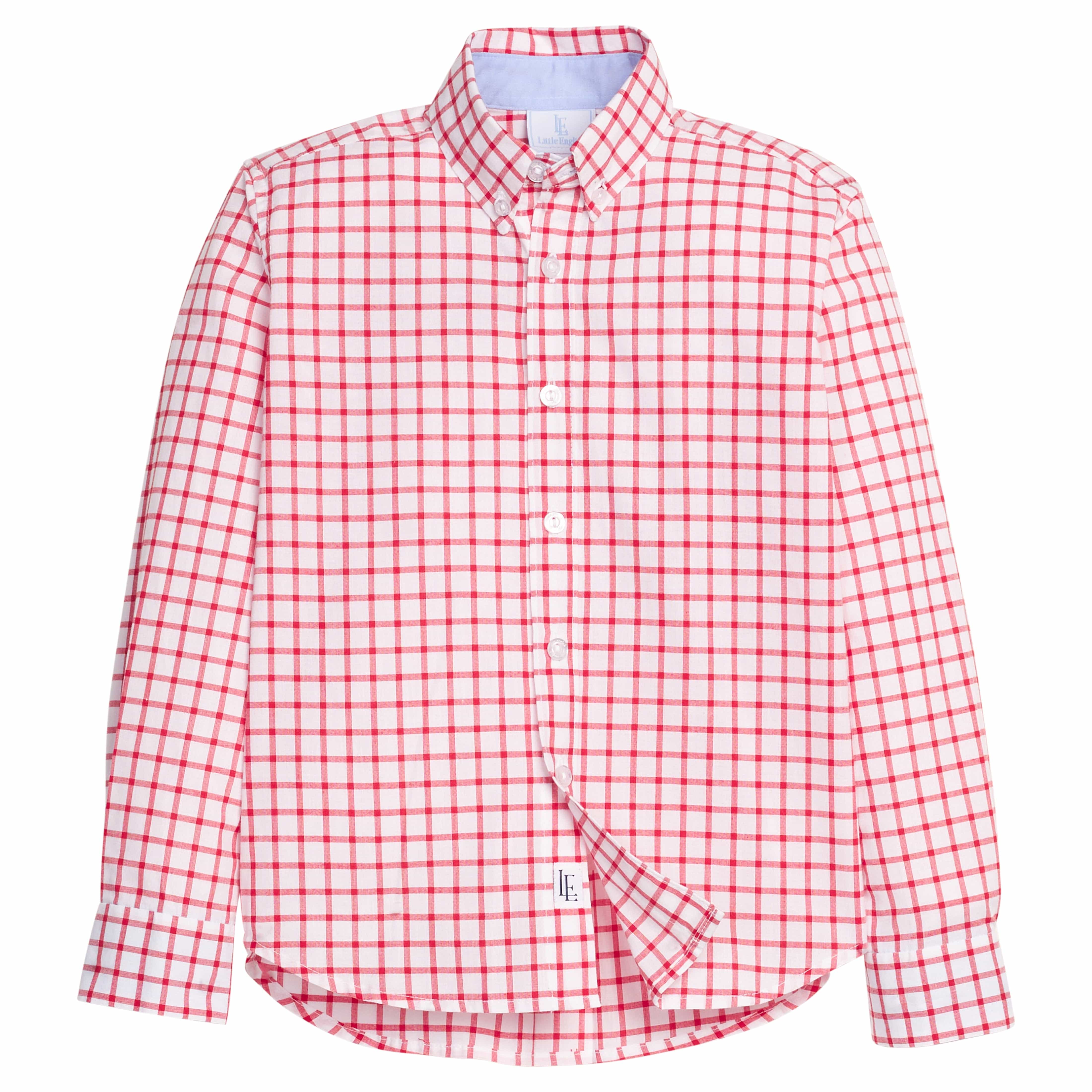 Little English traditional children's clothing.  Red Windowpane button down shirt for boys.