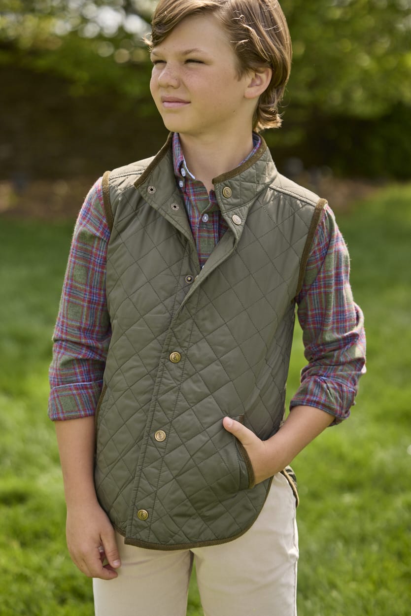 Little English traditional children's clothing.  Classic quilted vest in olive with corduroy detailing.  Unisex vest for kids.  Boys button down in olive, maroon, and blue plaid