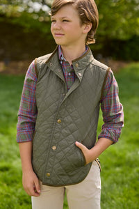 Little English traditional children's clothing.  Classic quilted vest in olive with corduroy detailing.  Unisex vest for kids.  Boys button down in olive, maroon, and blue plaid