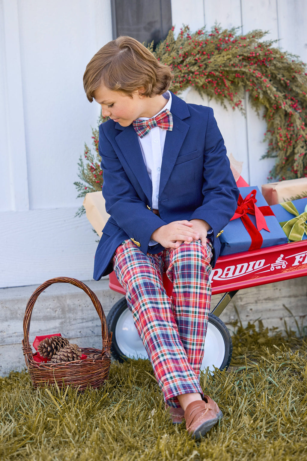 Little English traditional wool blazer for boys, classic navy blazer with gold buttons, Button down shirt in white, Classic pant and bowtie in middleburg holiday plaid 