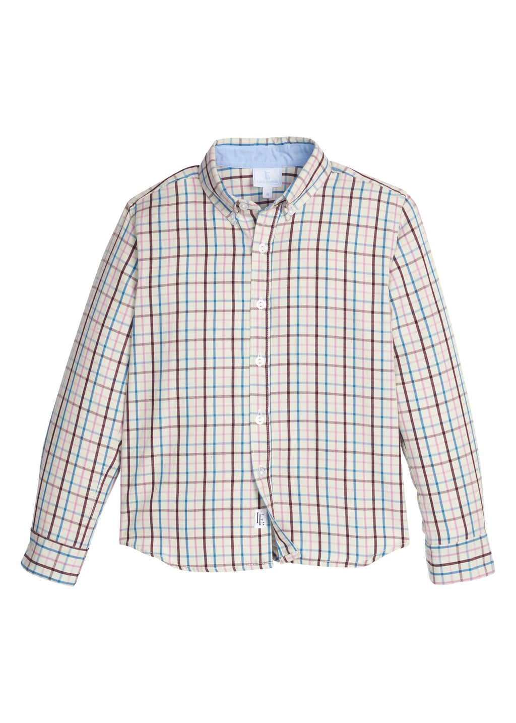 Little English traditional children's clothing. Brown, pink, and blue Durham Windowpane classic button down shirt for boys