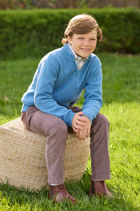 Little English traditional children's clothing. Stormy blue quarter zip sweater layered over blue, pink, and brown Wilmington Plaid button down shirt and paired with chocolate brown corduroy classic pants.  Fall outfit for boys