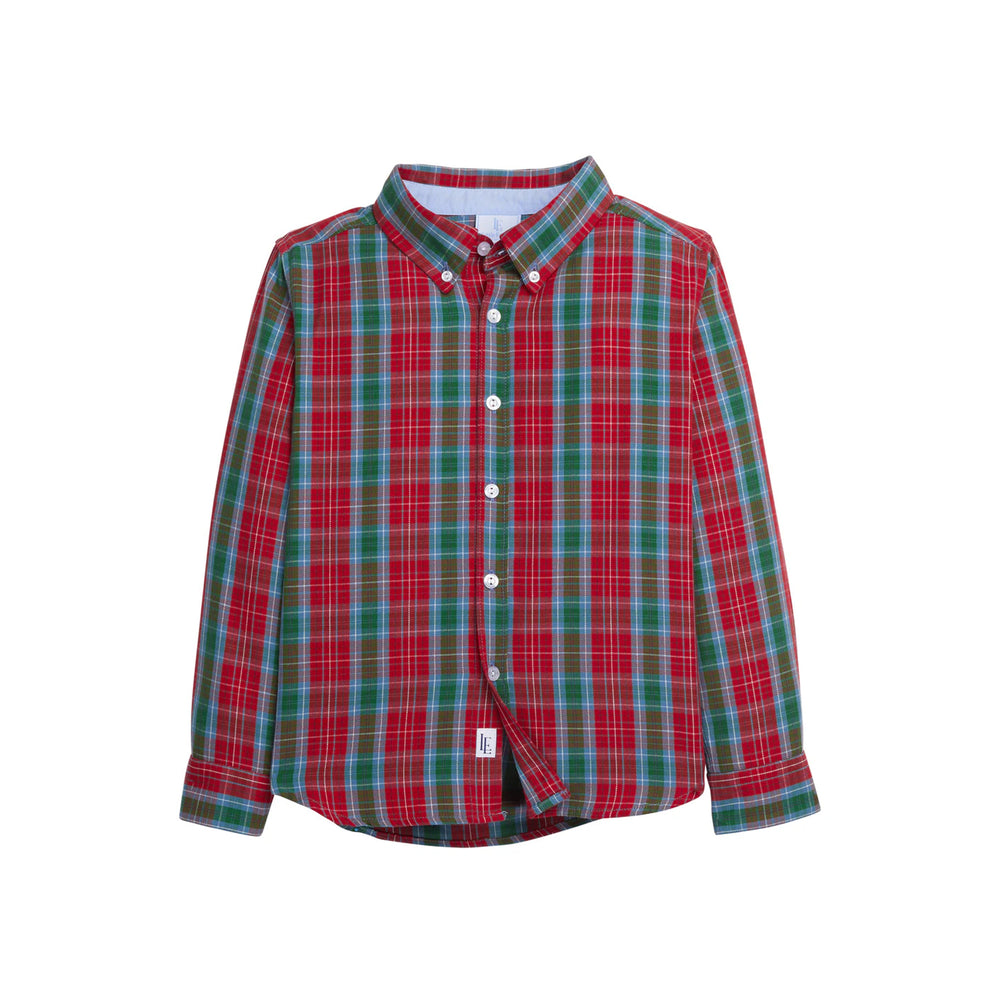 Front view of kids’ button-down shirt in Highlands Tartan plaid with button-down collar, white buttons, curved hem