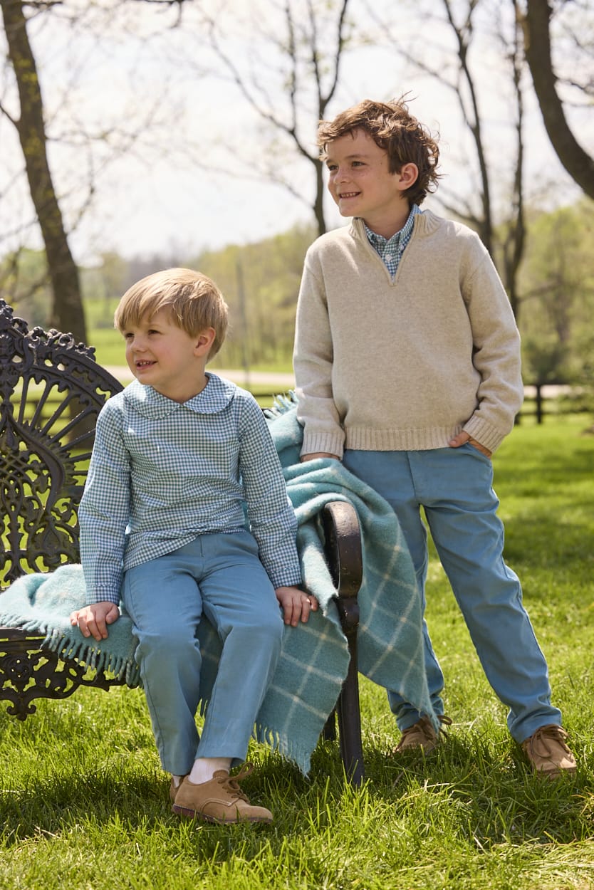 Little English traditional children's clothing.  Classic button down shirt in blue alpine gingham for boys