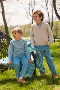Little English traditional children's clothing, classic pant with zipper and belt loops in alpine blue corduroy for boys