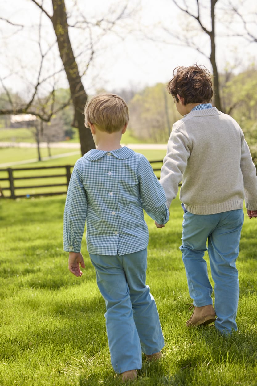 Little English traditional children's clothing, classic pant with zipper and belt loops in alpine blue corduroy for boys