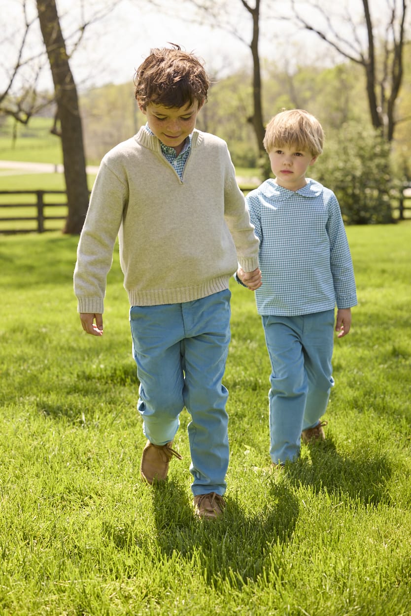 Little English traditional children's clothing.  Classic button down shirt in blue alpine gingham for boys