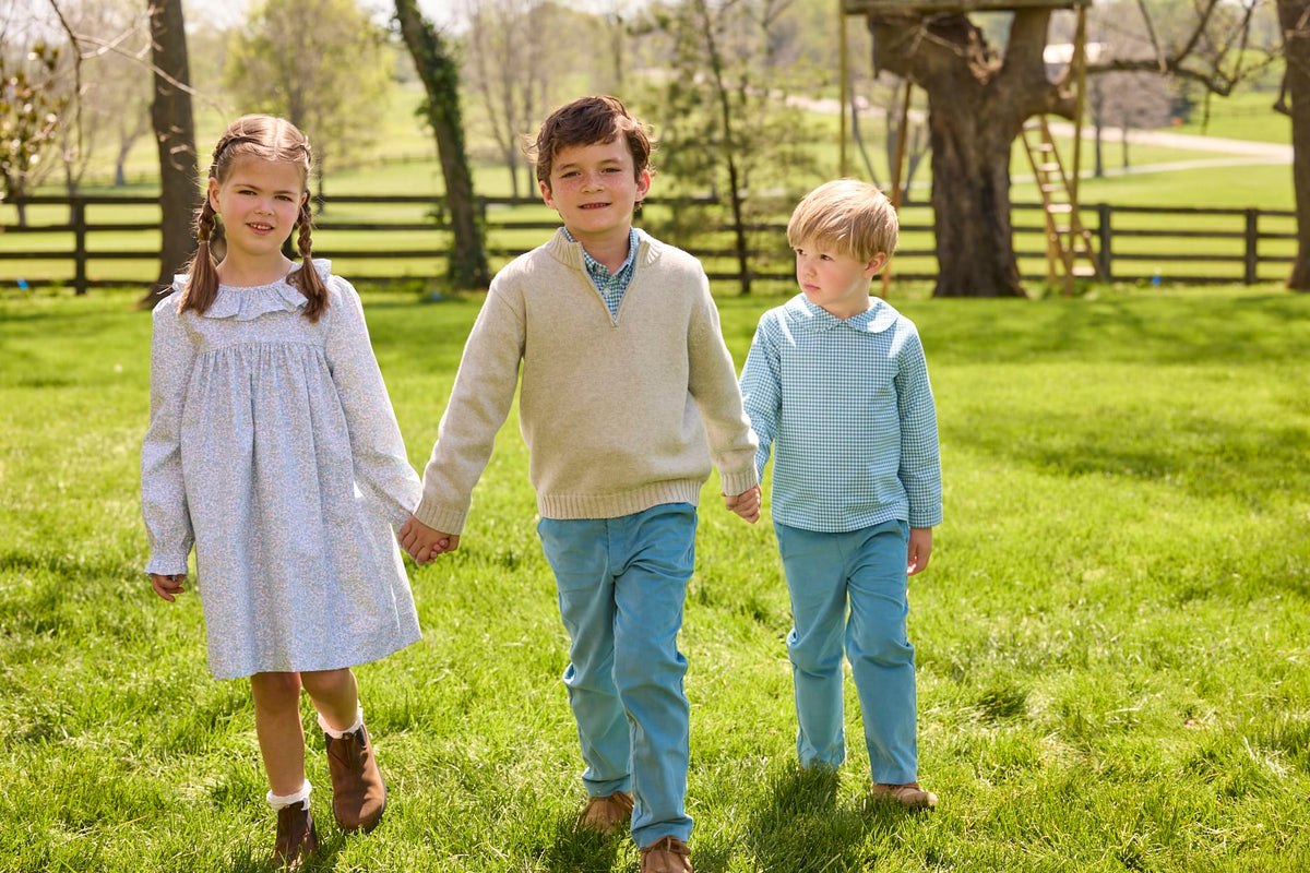 Little English traditional children's clothing.  Classic button down shirt in blue alpine gingham for boys