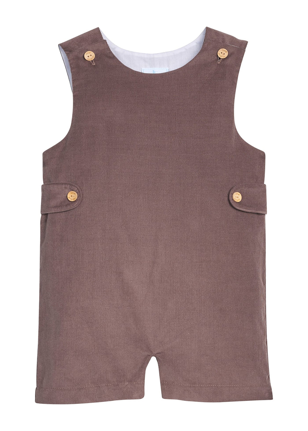 Little English traditional children's clothing. Chocolate brown corduroy john john with button tabs for toddler boys