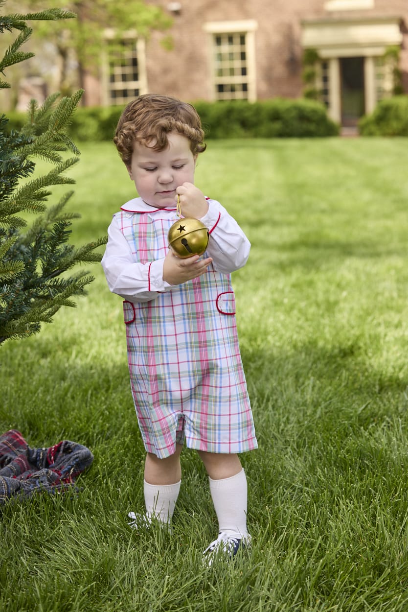 Little English traditional children's clothing.  Holiday John John set for toddler boys. Long sleeve white peter pan shirt with red piping paired with colorful red, yellow, green, blue, and white Douglas Plaid john john