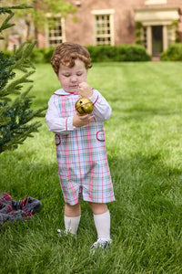Little English traditional children's clothing.  Holiday John John set for toddler boys. Long sleeve white peter pan shirt with red piping paired with colorful red, yellow, green, blue, and white Douglas Plaid john john