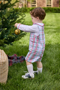 Little English traditional children's clothing.  Holiday John John set for toddler boys. Long sleeve white peter pan shirt with red piping paired with colorful red, yellow, green, blue, and white Douglas Plaid john john