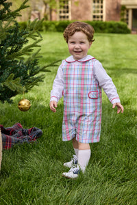 Little English traditional children's clothing.  Holiday John John set for toddler boys. Long sleeve white peter pan shirt with red piping paired with colorful red, yellow, green, blue, and white Douglas Plaid john john