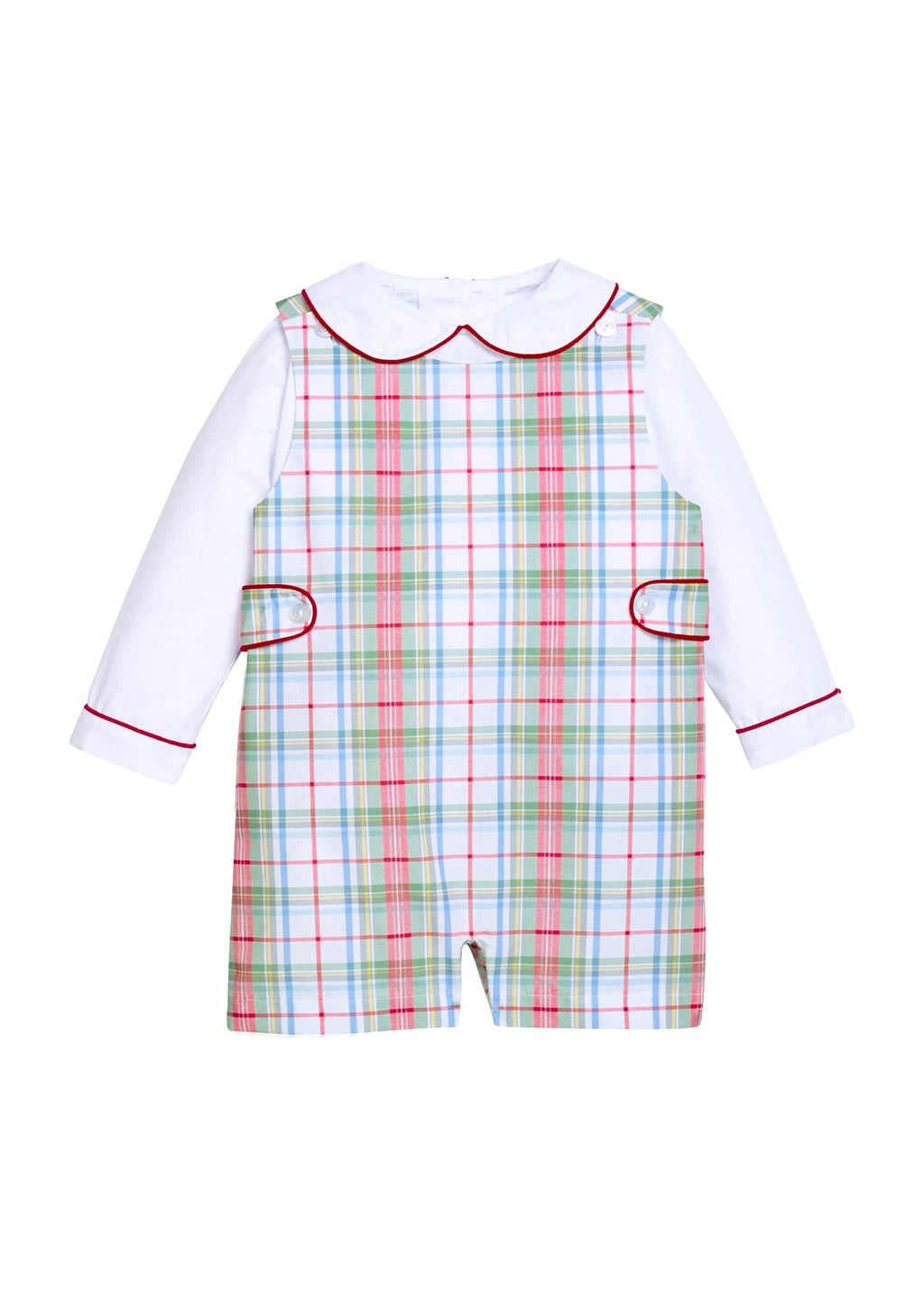 Little English traditional children's clothing.  Holiday John John set for toddler boys. Long sleeve white peter pan shirt with red piping paired with colorful red, yellow, green, blue, and white Douglas Plaid john john