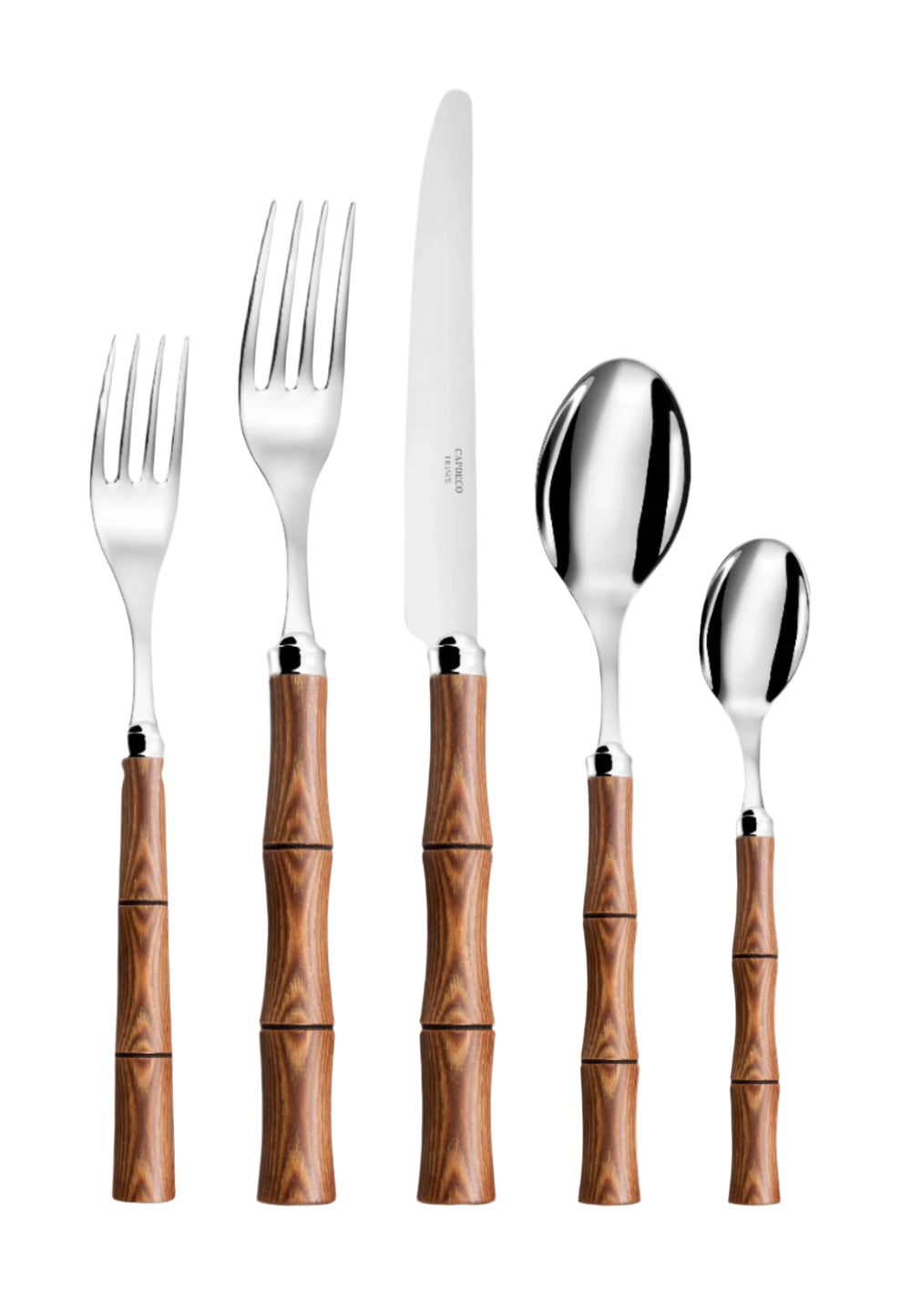 Front view of Byblos 5-piece place setting showcasing stainless steel heads and natural beechwood handles on white background