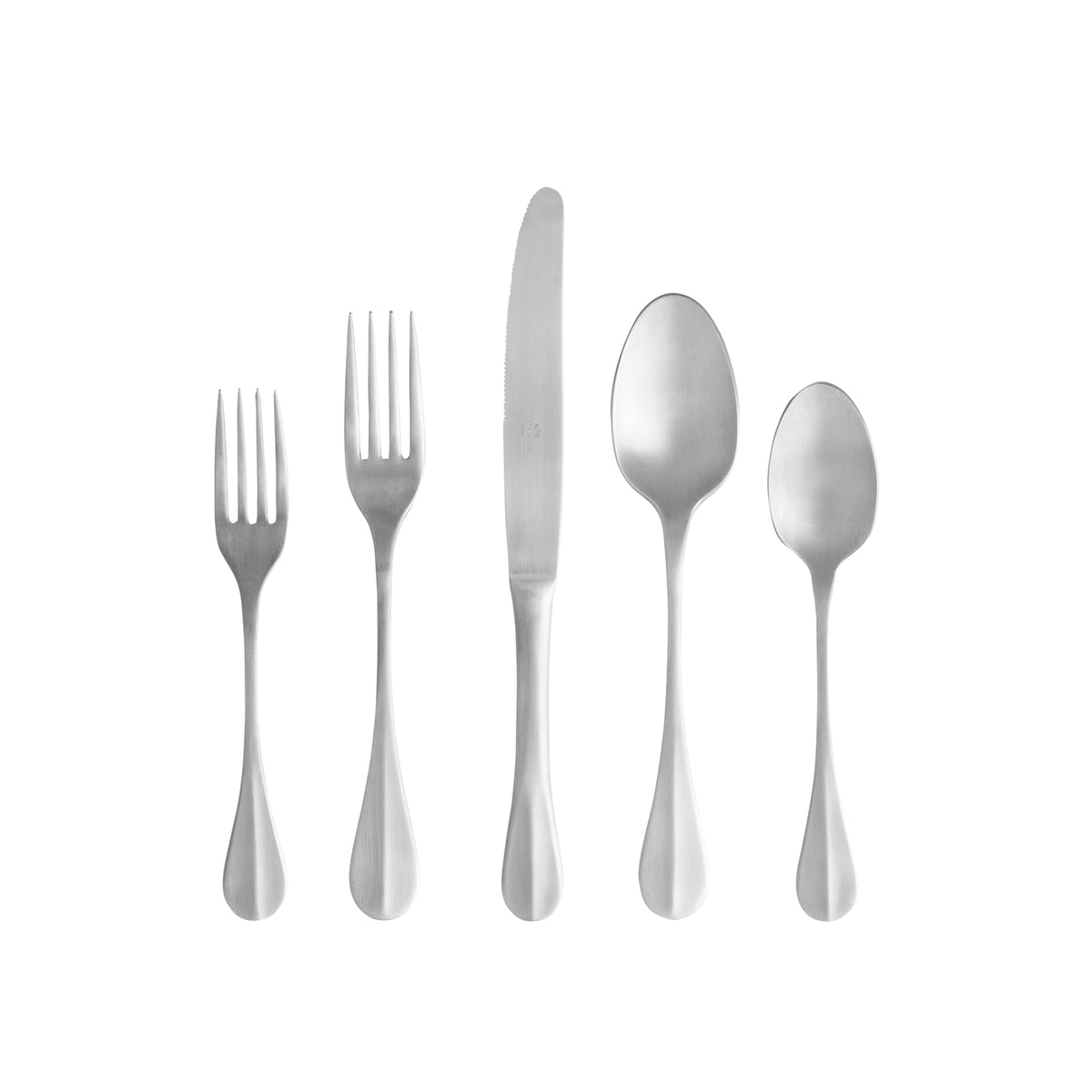Nau Collection Flatware in Brushed, Set of 5 showing two forks, knife, soup spoon, and teaspoon on white background