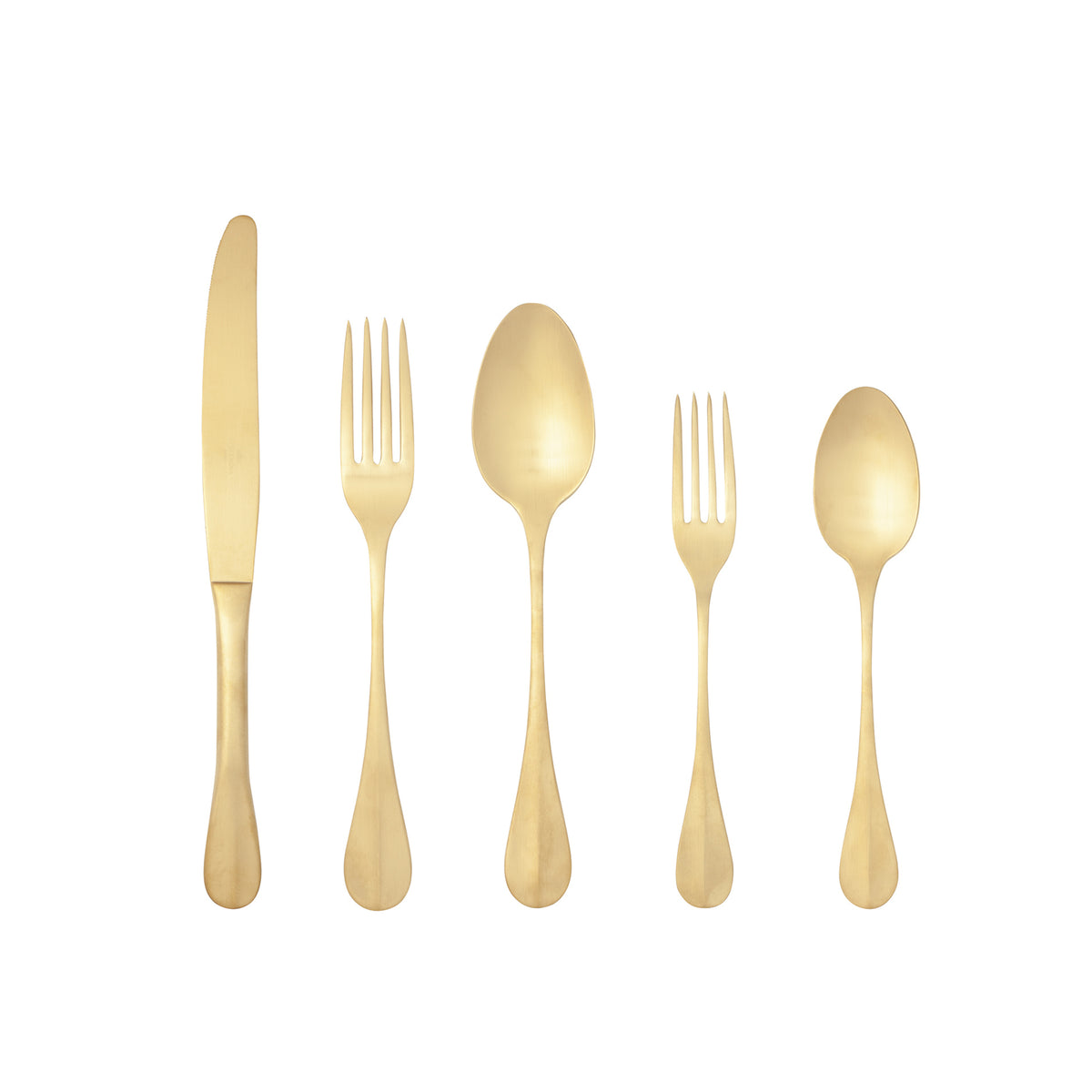 Front view of Nau Collection Flatware Set in Gold showcasing five polished pieces with solid handles on a white background