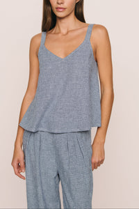 Linen Blend V Neck Cami in Gingham White/Navy