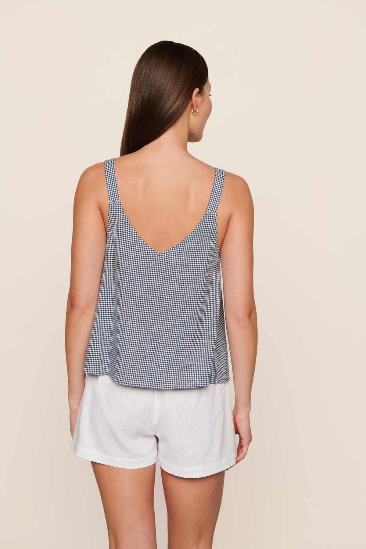 Linen Blend V Neck Cami in Gingham White/Navy