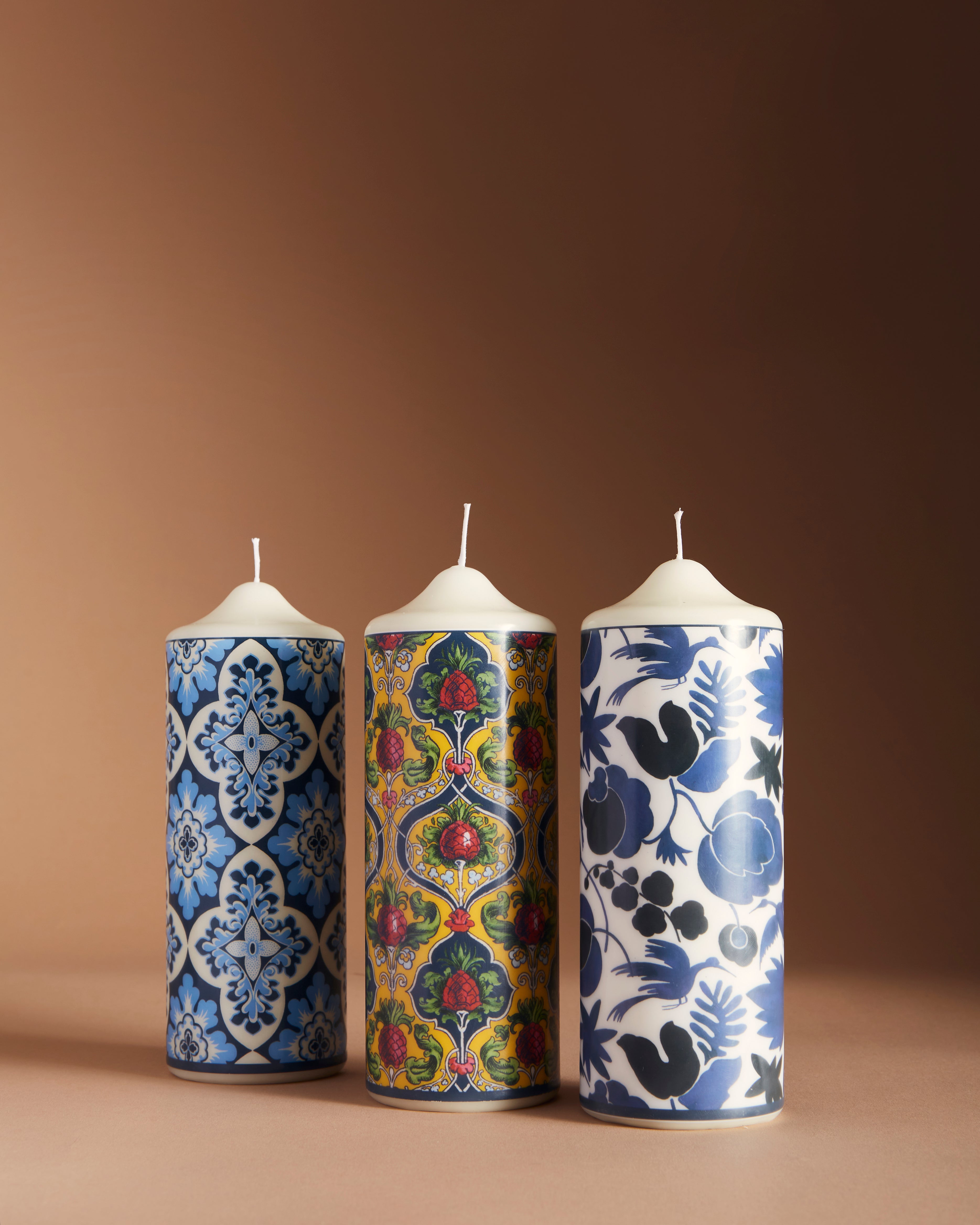 Printed Pillar Candle in Wildbird Blue