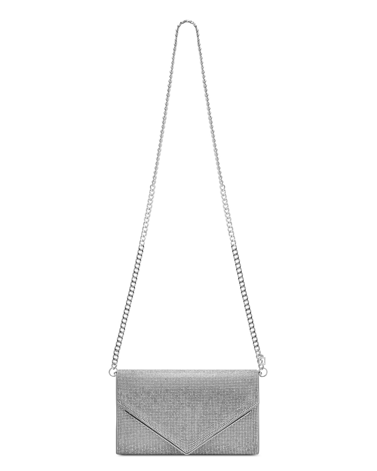 Front view of Candy Clutch in silver showing envelope flap, crystal rhinestone embellishment, and removable chain shoulder strap on white background