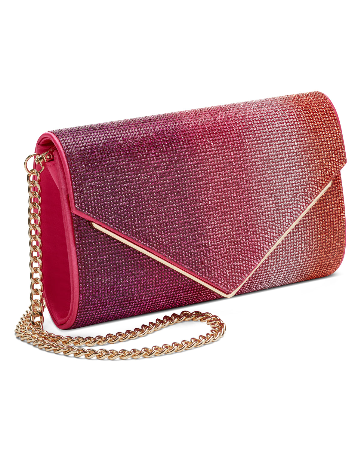 Side angle of Candy Clutch in Fuchsia and Orange showcasing ombre crystal rhinestones and removable chain strap