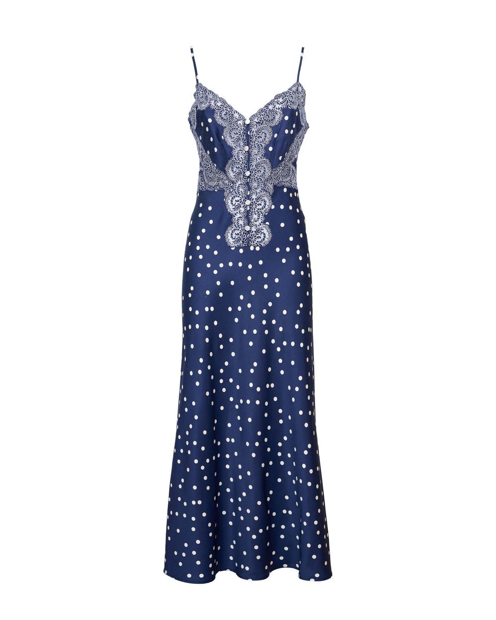 Front view of Palmira Maxi Dress in Star Drops with navy polka-dot print, button-front bodice and lace trim on white