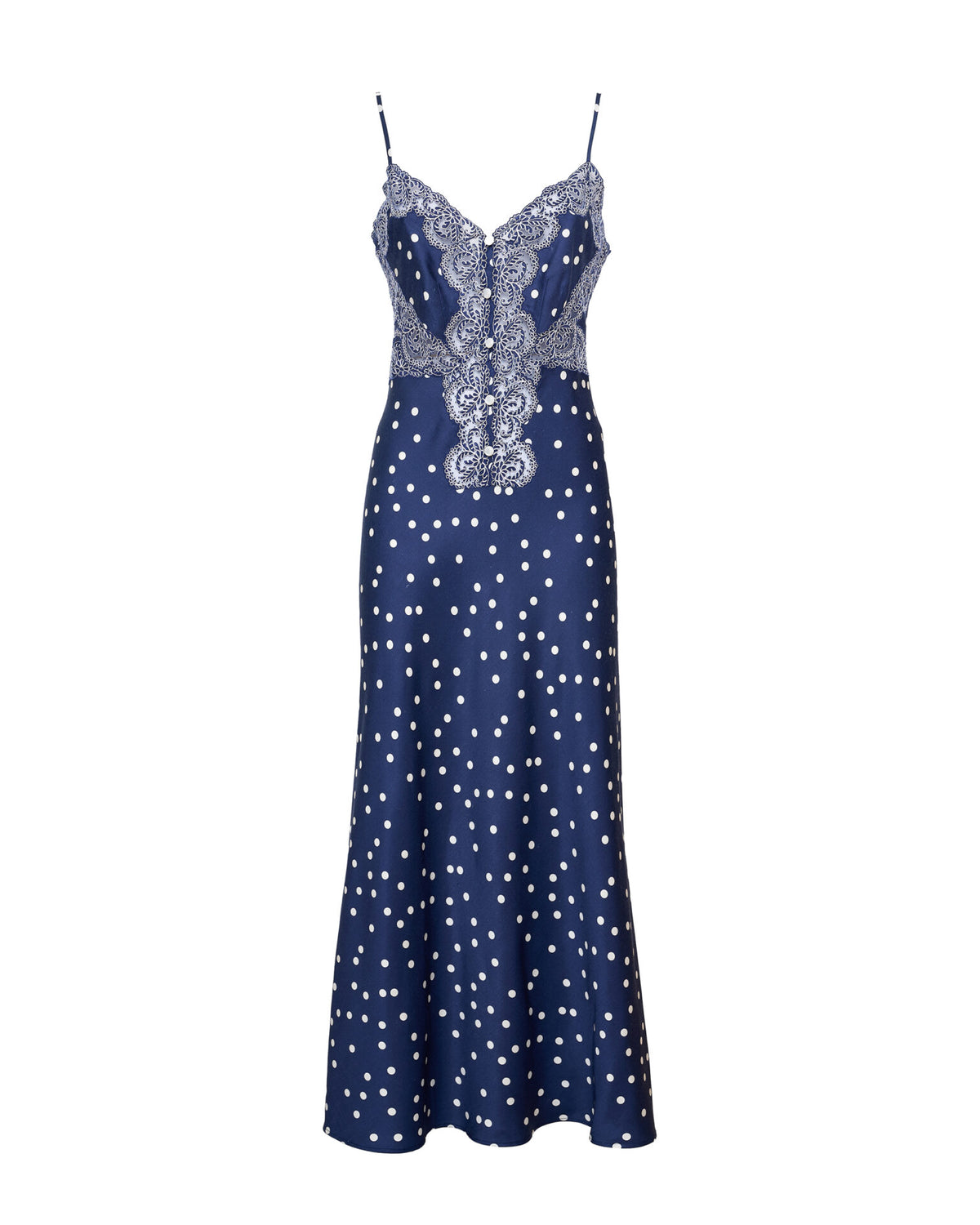 Front view of Palmira Maxi Dress in Star Drops with navy polka-dot print, button-front bodice and lace trim on white