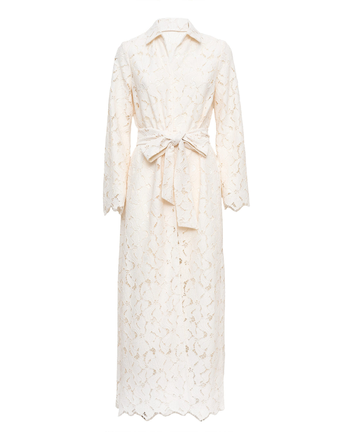 Front view of Emilia Duster Coat in Lace Clouds showing macramé lace, self-tie waist bow, shirt collar on white background