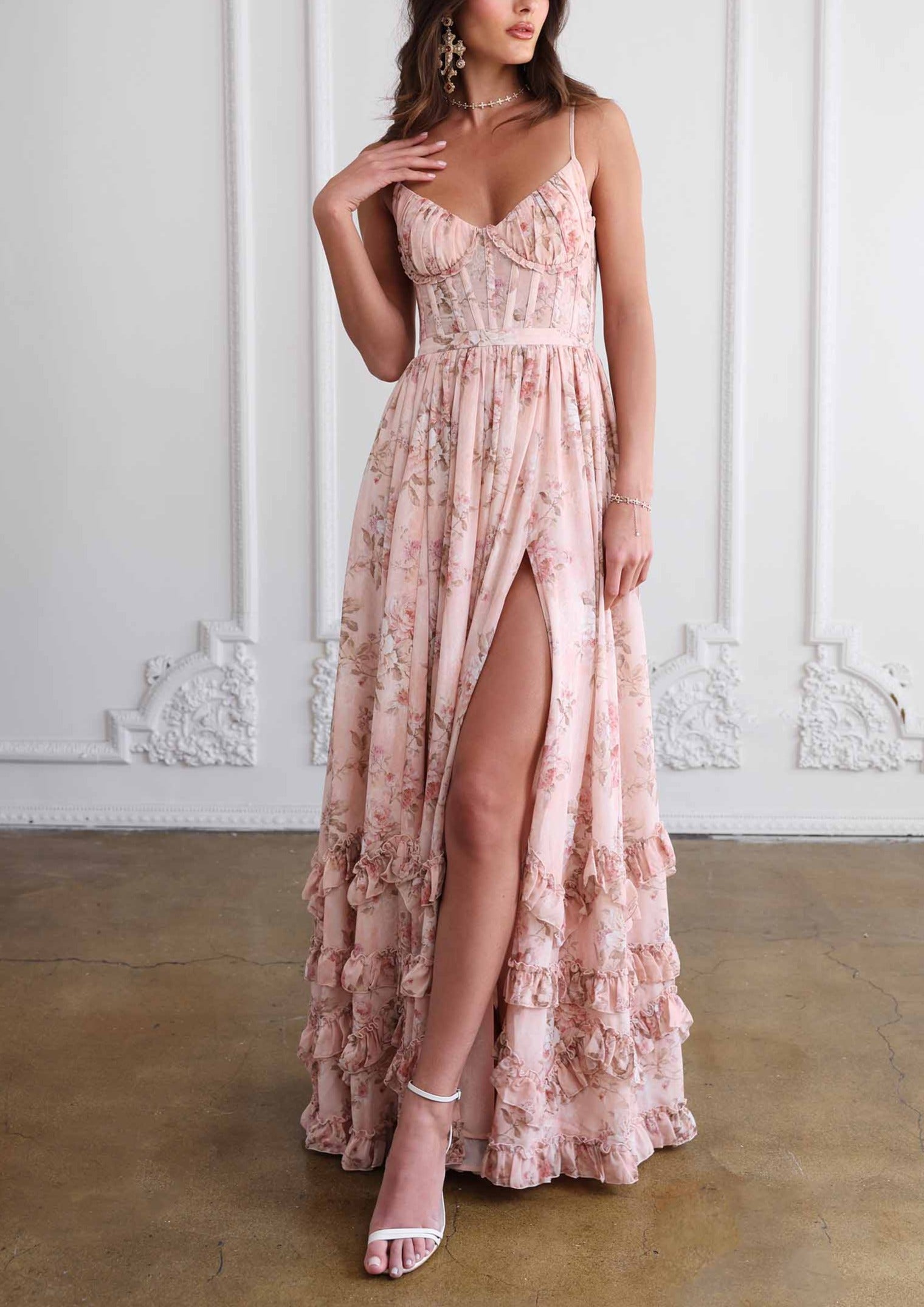 The Carmen Dress in Peach Tapestry