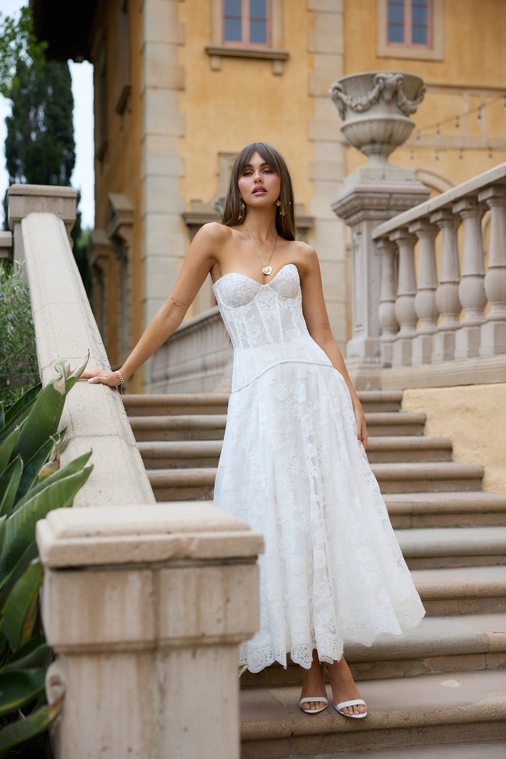 white chantilly lace dress F221016 Soft Chantilly Lace A-Line Gown with Tulle Skirt