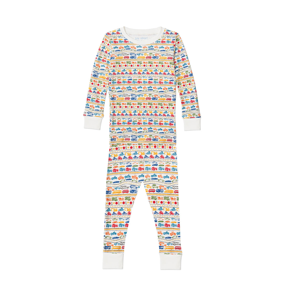 Front view of children’s pajamas showcasing a colorful cars and trucks print with long sleeves on a white background